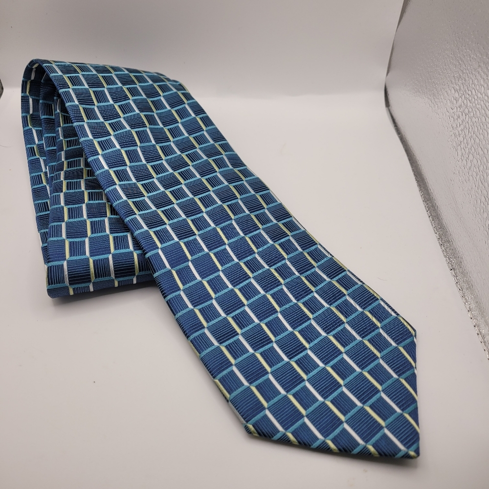 Holt Renfrew Blue. Yellow and White 100% Silk Men's Tie Made In Canada